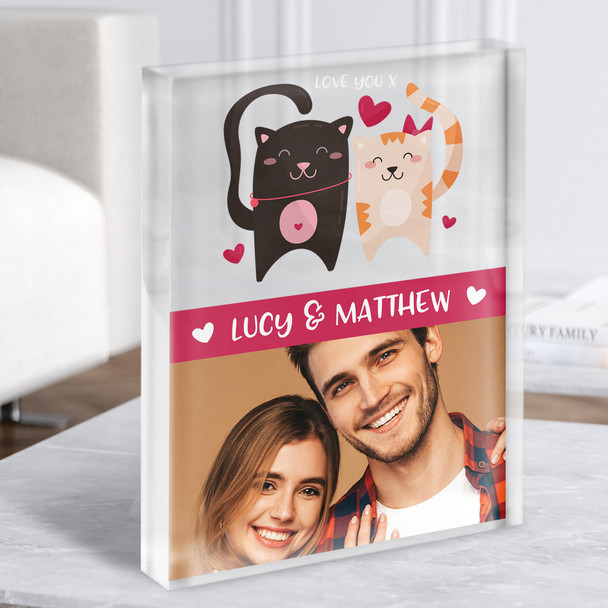 Cat Couple Love You Photo Romantic Gift Personalised Clear Acrylic Block