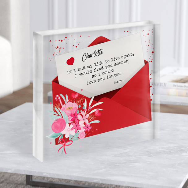 Floral Red Envelope Love Letter Romantic Gift Custom Clear Square Acrylic Block