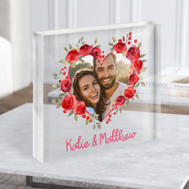 Rose Heart Photo Gift Couple Personalised Clear Square Acrylic Block