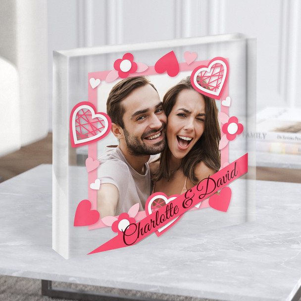 Pink Heart Photo Gift Frame Personalised Clear Square Acrylic Block