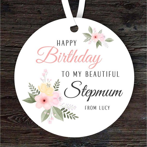 Beautiful Stepmum Pink Flowers Birthday Gift Round Personalised Hanging Ornament