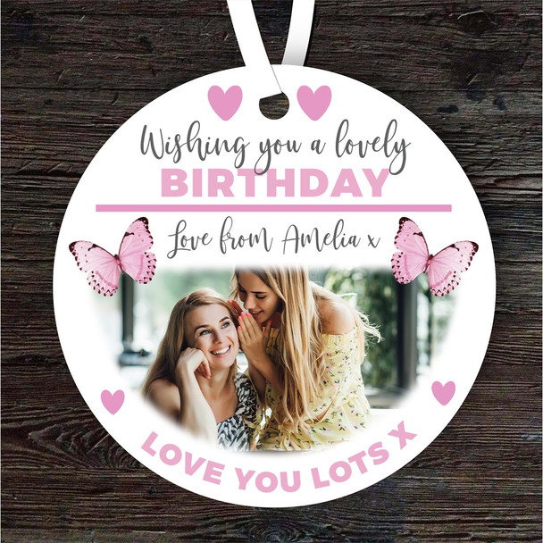 Happy Birthday Pink Butterfly Photo Gift Round Personalised Hanging Ornament