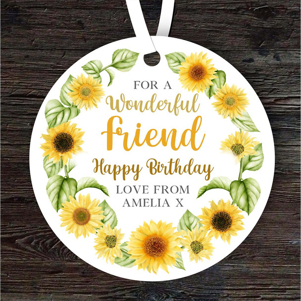 Friend Sunflowers Birthday Gift Yellow Round Personalised Hanging Ornament