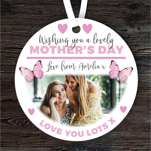 Happy Mother's Day Pink Butterfly Photo Gift Round Personalised Hanging Ornament