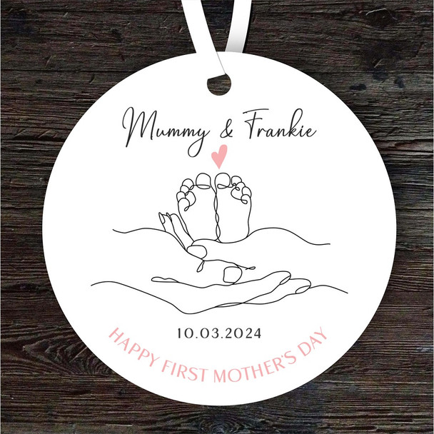 Baby Feet In Hands First Mother's Day Gift Round Personalised Hanging Ornament