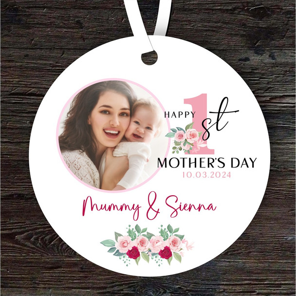 Pink Floral Photo First Mother's Day Gift Round Personalised Hanging Ornament