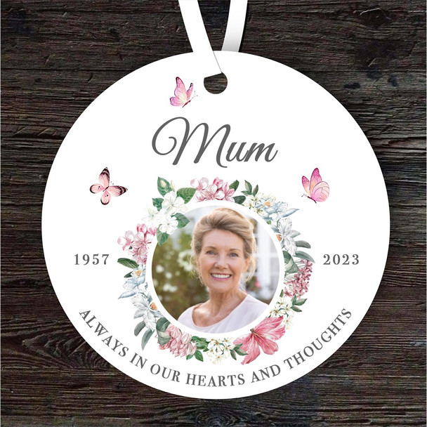 Mum Memorial Pink Floral Butterflies Photo Keepsake Gift Personalised Ornament