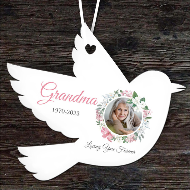 Grandma Memorial Pink Circle Photo Keepsake Gift Bird Personalised Ornament