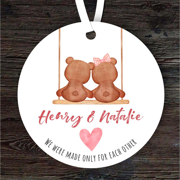 Teddy Bear Couple Swing Romantic Cute Gift Round Personalised Hanging Ornament