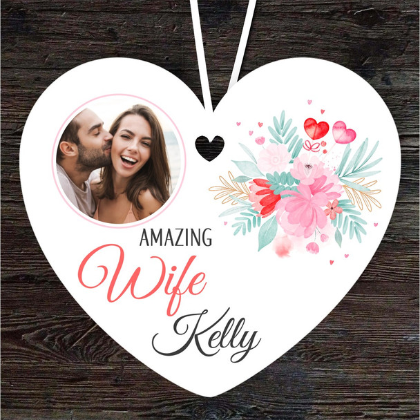 Gift For Wife Hearts Floral Photo Heart Personalised Hanging Ornament