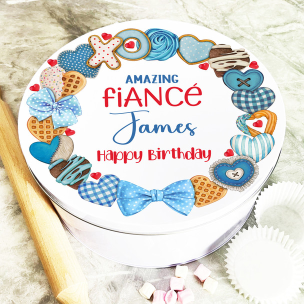 Round Gift For Fiancé Blue Cookies Wreath Birthday Personalised Cake Treat Tin