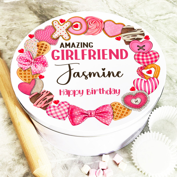 Round Gift For Girlfriend Pink Cookies Birthday Personalised Cake Treat Tin