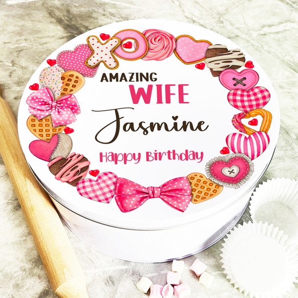Round Gift For Wife Pink Cookies Wreath Birthday Personalised Cake Treat Tin