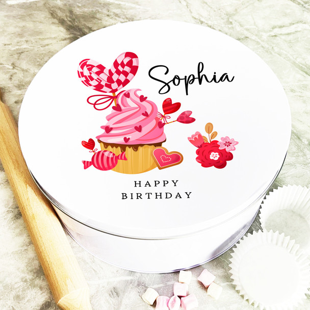 Round Love Cupcakes Birthday Gift Personalised Cake Tin