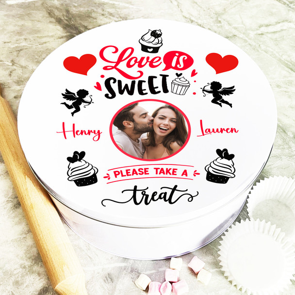 Round Love Is Sweet Photo Frame Romantic Gift Personalised Treat Tin