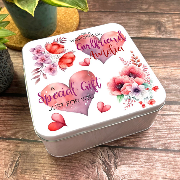 Square Special Gift For Girlfriend Hearts Flower Romantic Personalised Tin