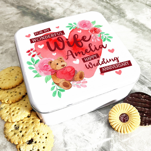 Square Anniversary Gift For Wife Heart Bear Personalised Sweet Treat Tin