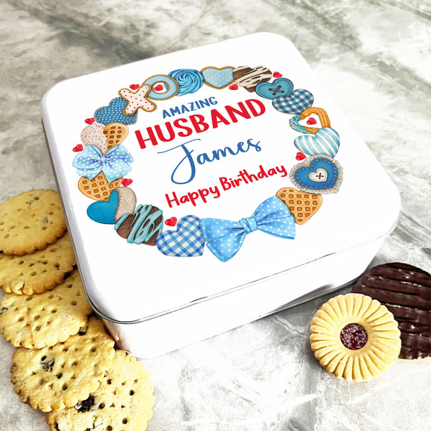 Square Birthday Gift For Husband Blue Cookies Personalised Sweet Treat Tin