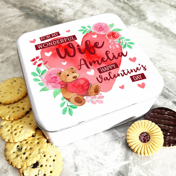 Square Valentine's Day Gift For Wife Heart Bear Personalised Sweet Treat Tin
