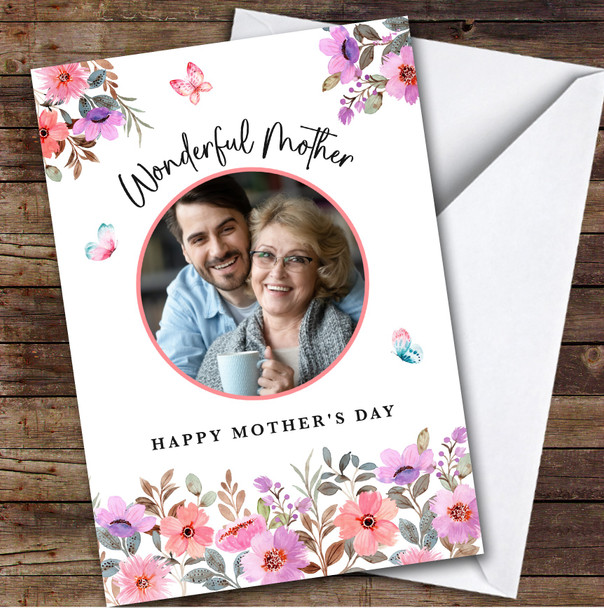 Personalised Pastel Pink Floral Wonderful Mother Photo Mother's Day Card