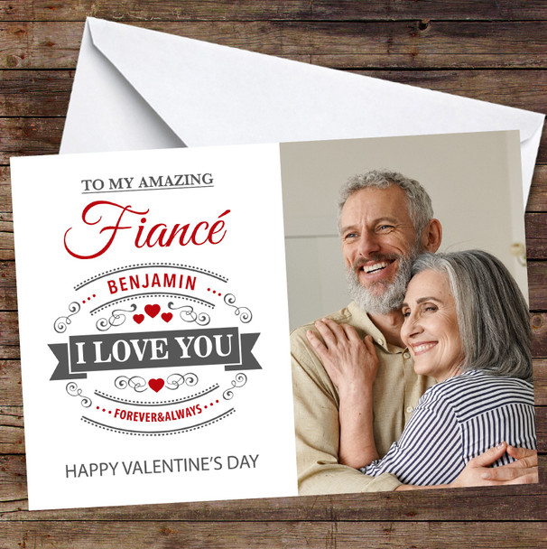 Personalised Fiancé I Love You Hearts & Swirls Happy Valentine's Day Card