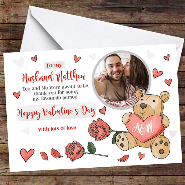 Personalised Husband Valentine's Day Card Bear Rose Photo Card