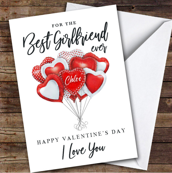 Personalised Red Heart Balloons Best Girlfriend Ever Valentine's Day Card
