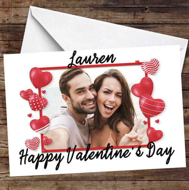 Personalised Red Pattern Balloons Border Photo Happy Valentine's Day Card