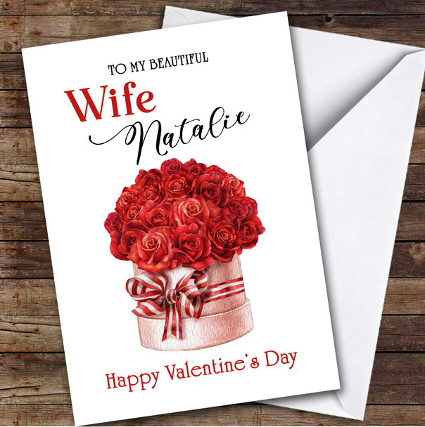 Personalised Valentine Card For Wife Watercolour Red Rose Bouquet Card