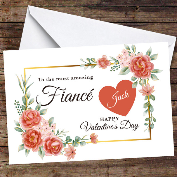 Personalised Valentine's Card For Fiancé Red And Gold Floral Card