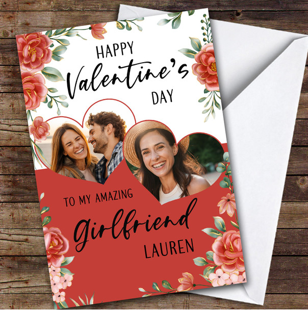 Personalised Valentine's Card For Girlfriend Hearts Photo Red Floral Card