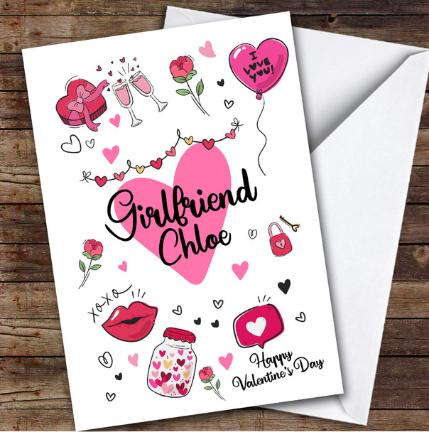 Personalised Valentine's Card For Girlfriend Pink Love Doodles Card
