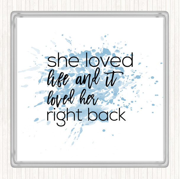 Blue White She Loved Life Inspirational Quote Coaster