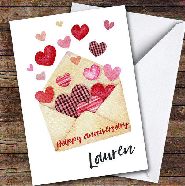 Personalised Anniversary Card Watercolour Flying Hearts Envelope Card