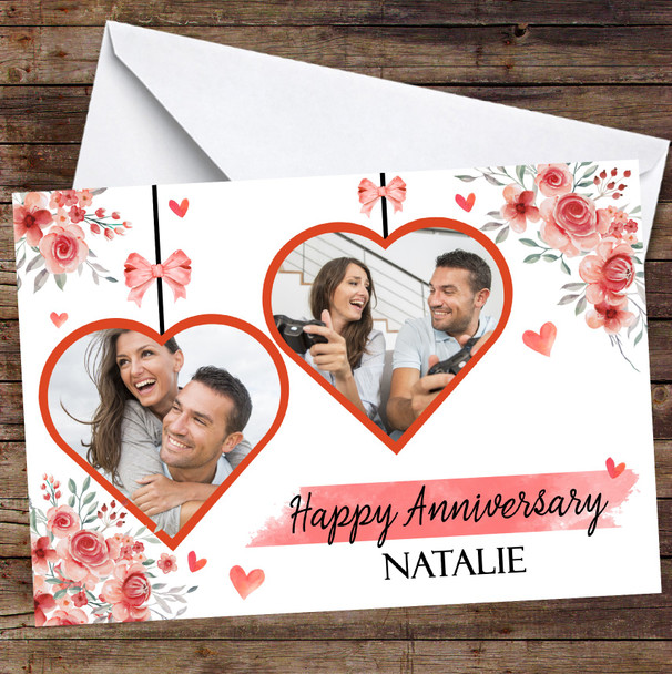 Personalised Hanging Heart Ornaments Photo Peach Floral Happy Anniversary Card