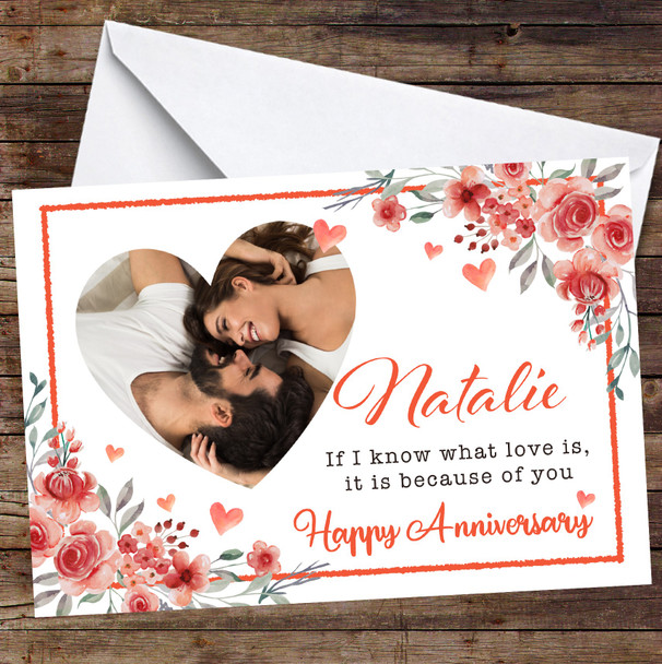 Personalised Peach Coral Floral Photo Happy Anniversary Card