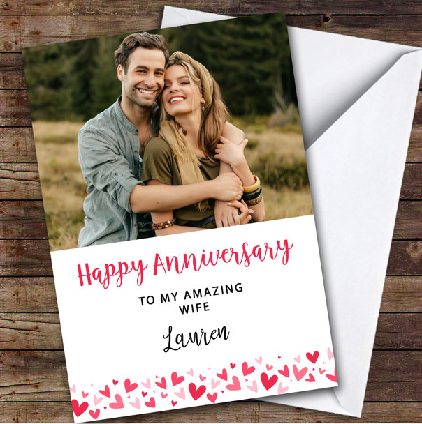 Personalised Pretty Pink Hearts Photo Happy Anniversary Amazing Wife Card