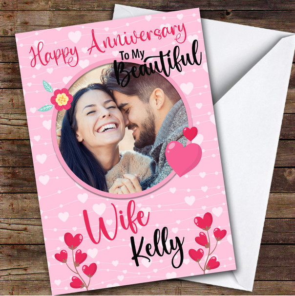 Personalised Pretty Pink Hearts Photo Romantic Happy Anniversary Wife Card
