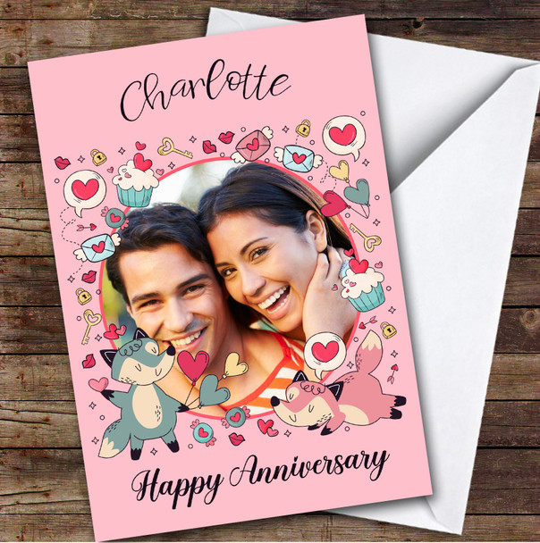 Personalised Romantic Icons Foxes Photo Happy Anniversary Card