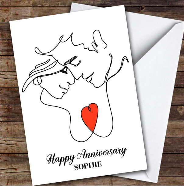 Personalised Romantic Line Art Couple Heart Happy Anniversary Card