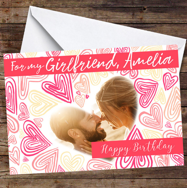 Personalised Pink Peach Heart Doodle For My Girlfriend Photo Happy Birthday Card