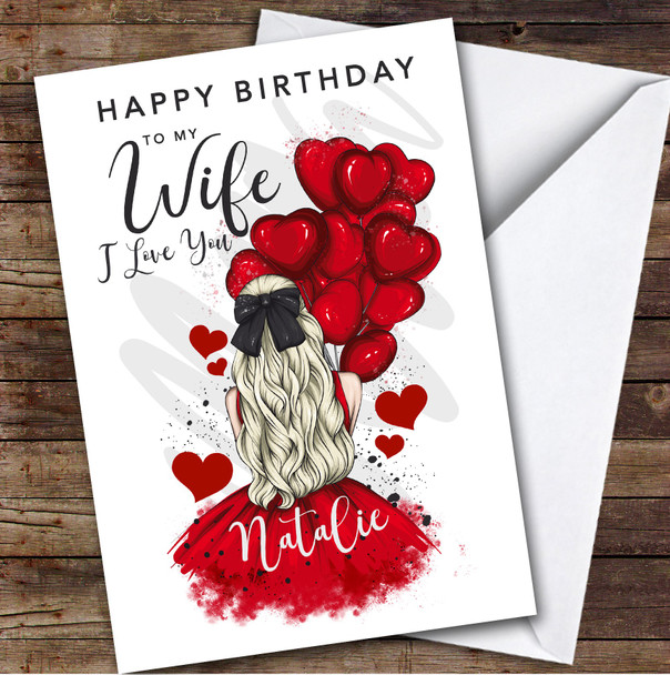 Personalised Woman With Red Heart Balloons Romantic Happy Birthday Wife Card