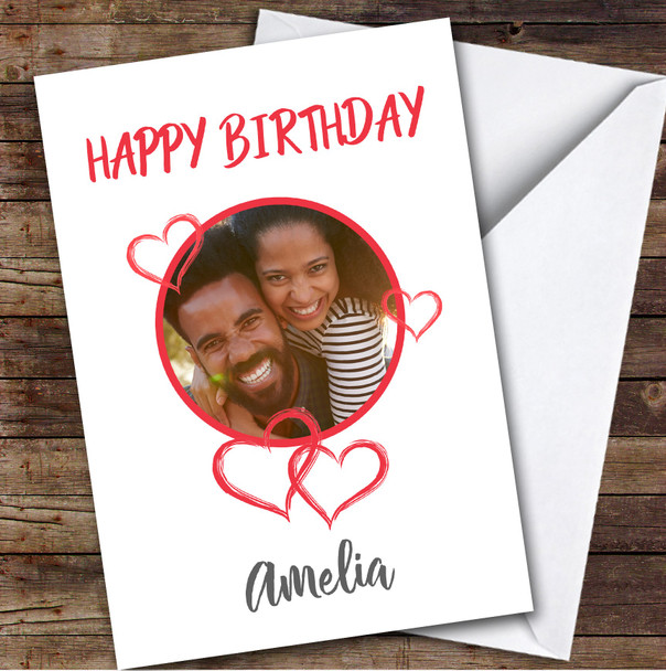 Personalised Simple Pink Doodle Hearts Photo Happy Birthday Card