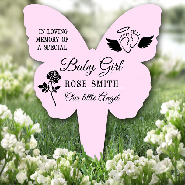 Butterfly Pink Light Baby Feet With Wings Grave Garden Plaque Memorial Stake