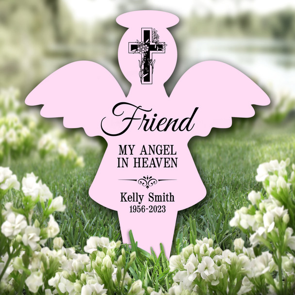 Angel Pink Friend Black Cross Remembrance Garden Plaque Grave Memorial Stake