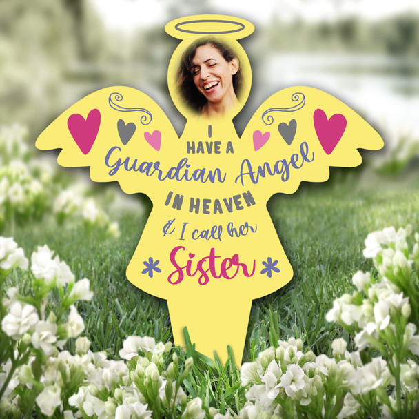 Angel Guardian Sister Photo Yellow Remembrance Grave Plaque Memorial Stake