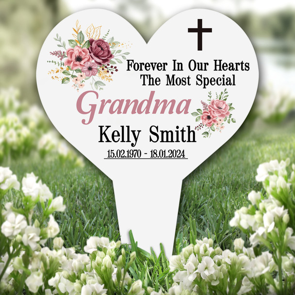 Heart Grandma Pink Floral Remembrance Garden Plaque Grave Marker Memorial Stake