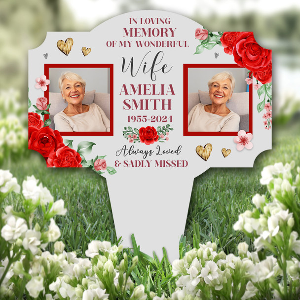 Wife Red Roses Photo Grey Remembrance Garden Plaque Grave Marker Memorial Stake