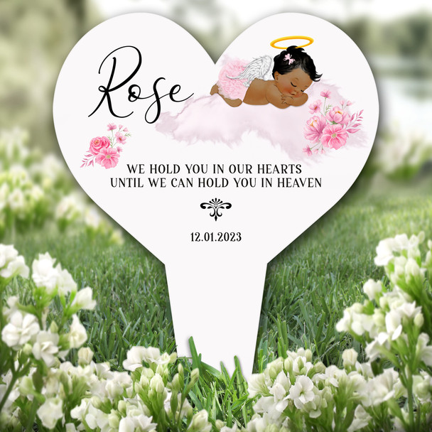 Heart Pink Dark Skin Brown Baby Girl Remembrance Grave Plaque Memorial Stake