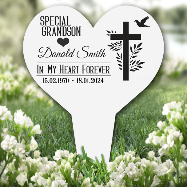 Heart Grandson Leaves Cross Remembrance Garden Plaque Grave Memorial Stake